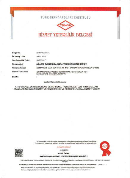 UÇAR A.Ş. TURİZM - TSE Hizmet Yeterlilik Belgesi
